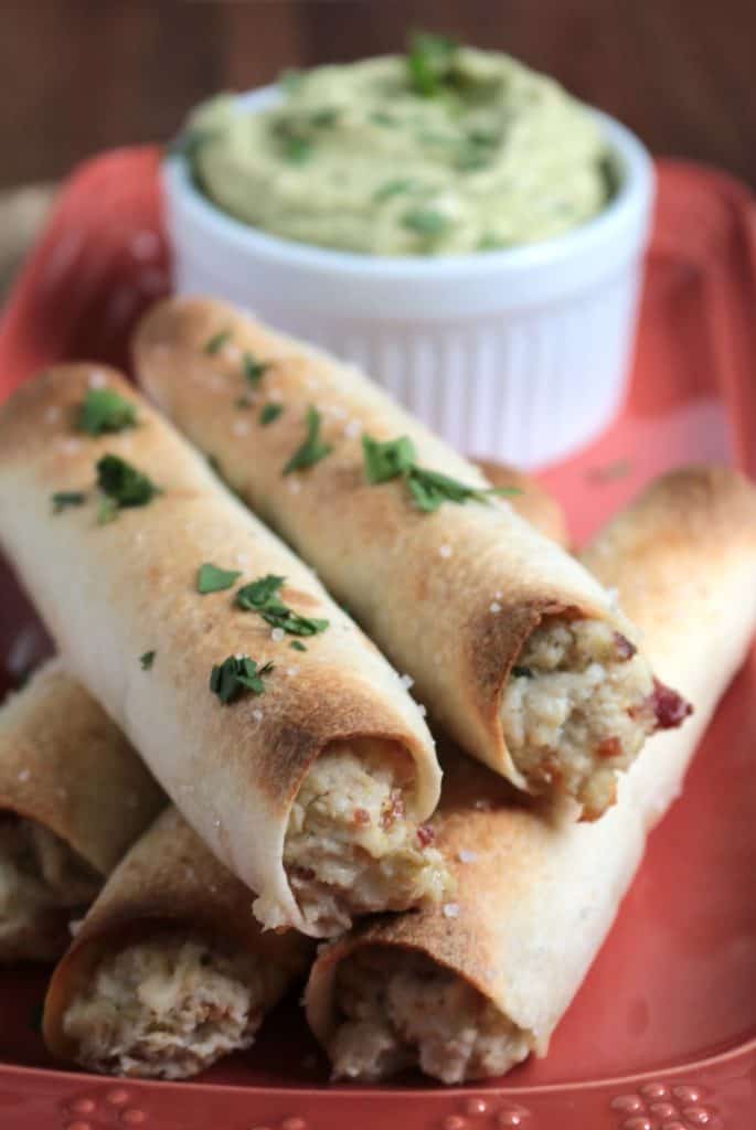 Baked Chicken Bacon Ranch Taquitos with Avocado Ranch.