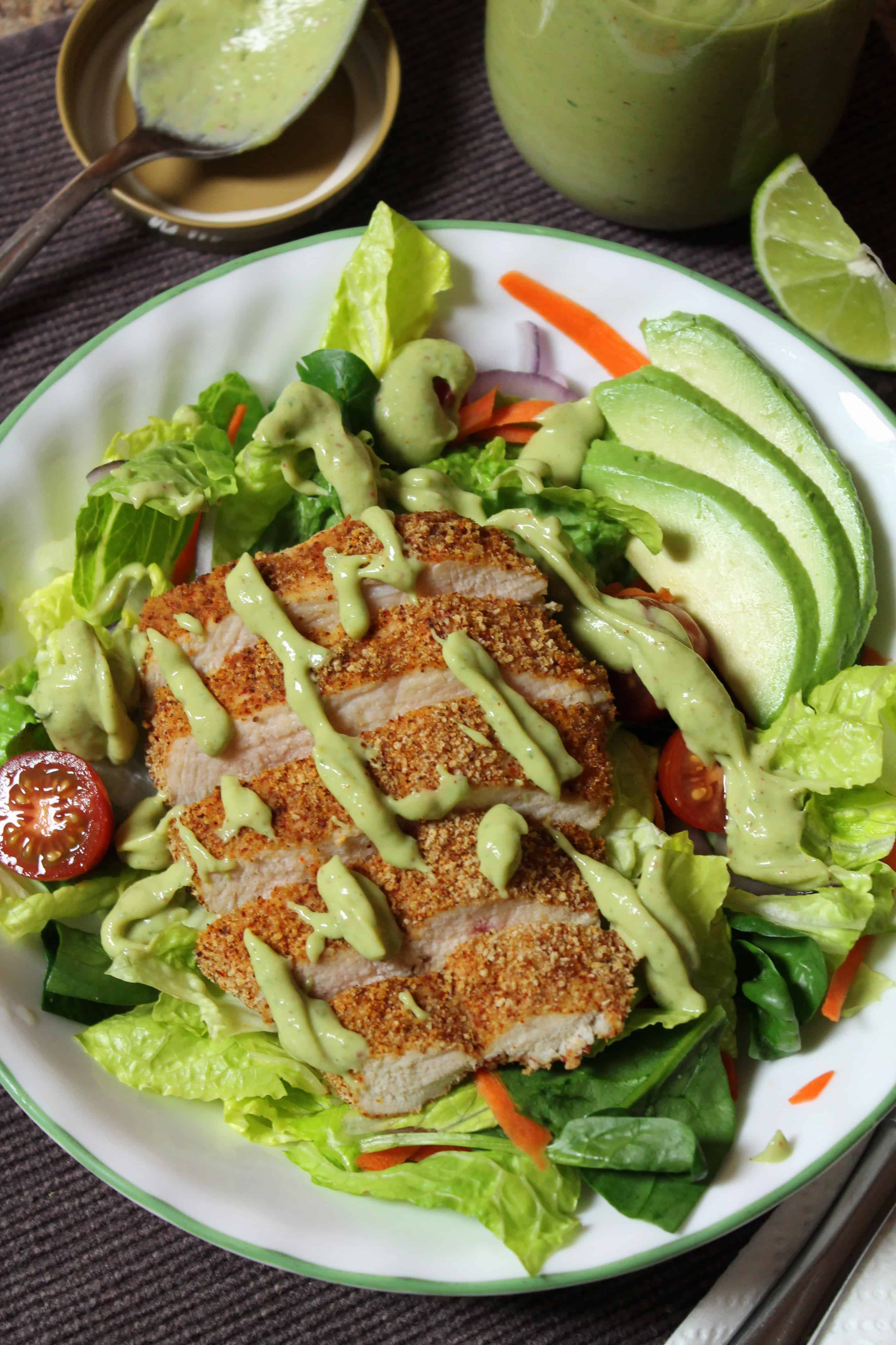 Southwestern Oven-Fried Chicken Salad with Avocado Dressing